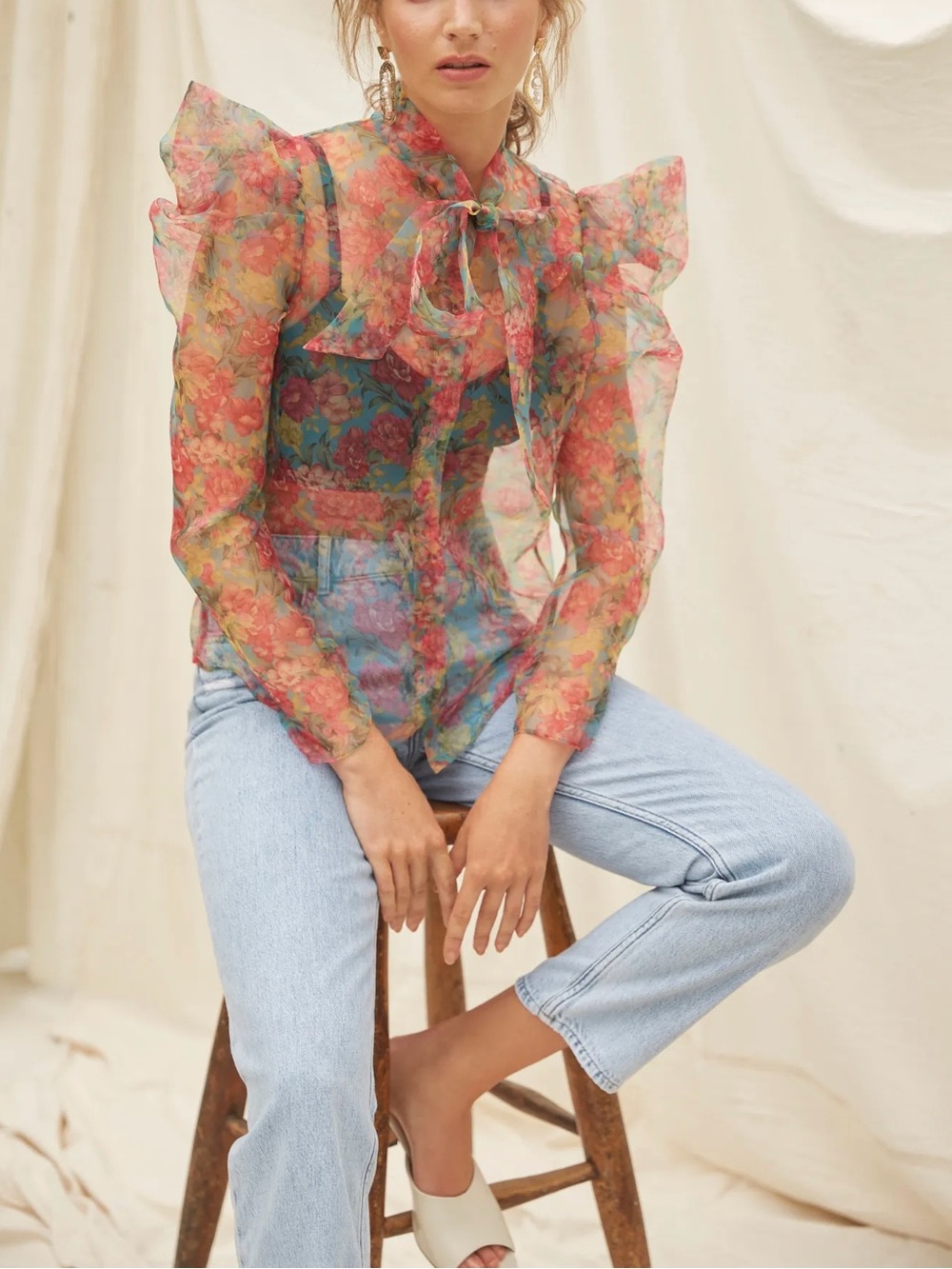 Zara Sheer Floral Organza Blouse L Puff Sleeve Tie Neck Romantic Boho Top